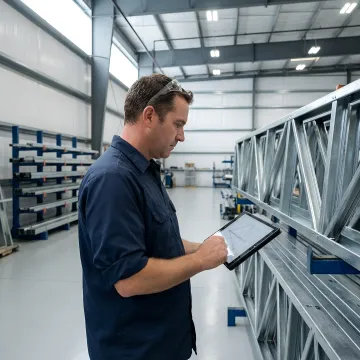 Technician reviewing steel truss panel fabrication plans