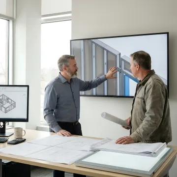 Construction team reviewing a digital steel framing model