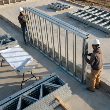 Crew installing prefabricated cold-formed steel wall panels