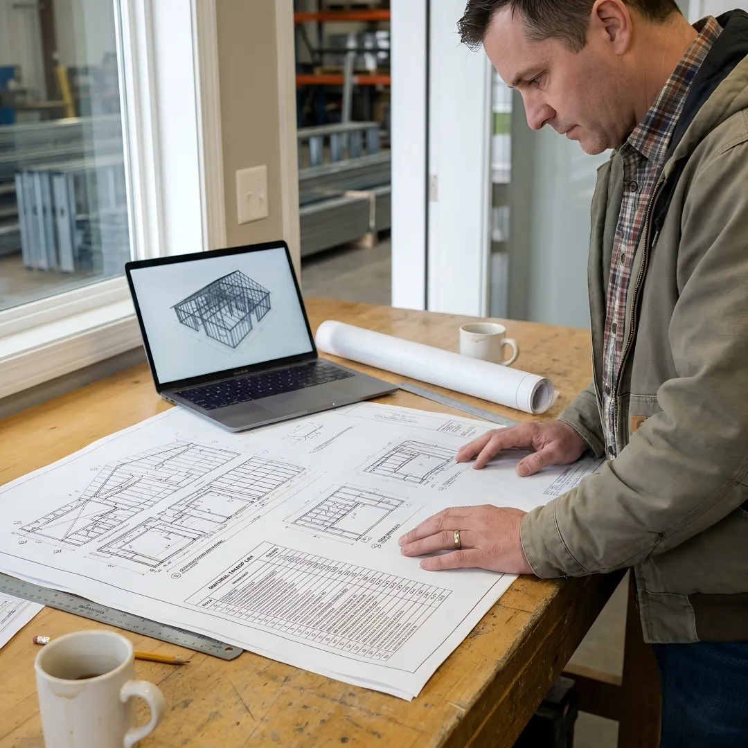 Architect reviewing steel framing plans