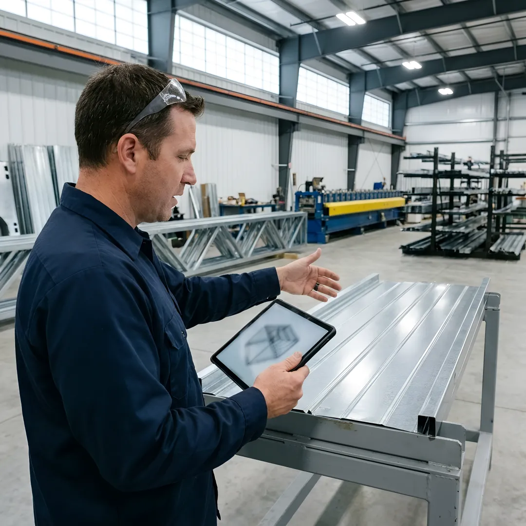 Technician reviewing coordinated steel framing model