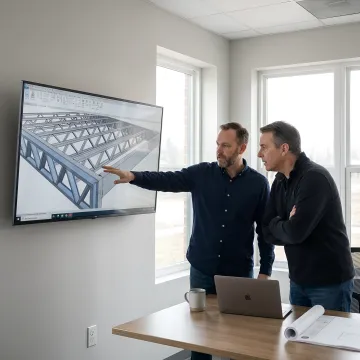 Construction professional reviewing a steel floor framing model