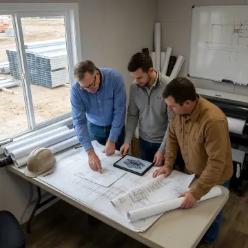 Team coordinating steel framing plans for a multifamily project