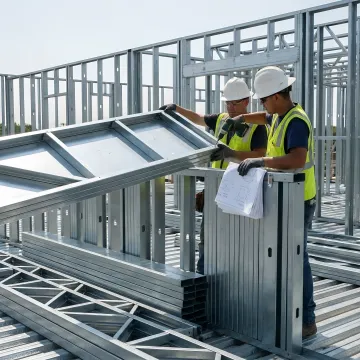 Cold-formed steel roof truss components being installed