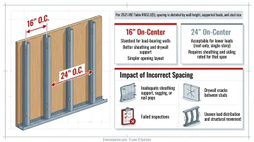 16-inch versus 24-inch stud spacing comparison showing structural and material differences
