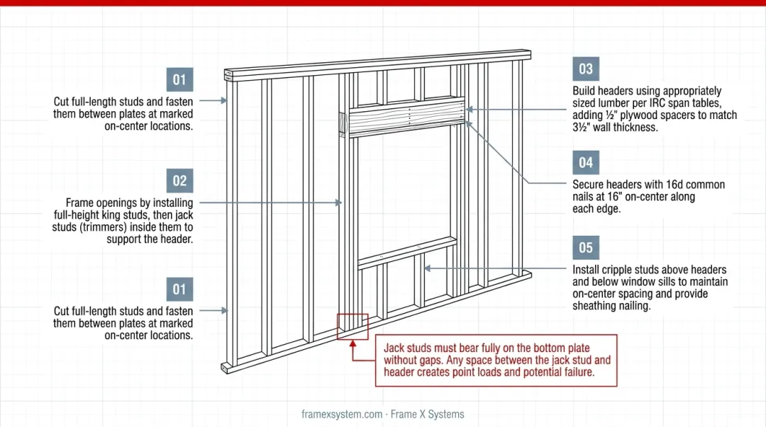 Load-bearing wall framing components diagram showing studs headers king studs jack studs and cripples