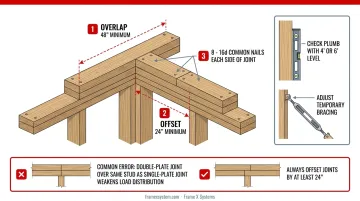 Double top plate installation showing 48-inch overlap and 24-inch joint offset requirements