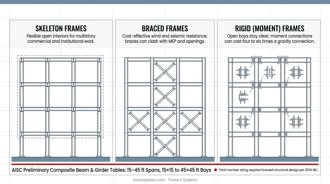 Three hot-rolled steel frame configurations skeleton braced and moment frame types