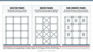 Three hot-rolled steel frame configurations skeleton braced and moment frame types