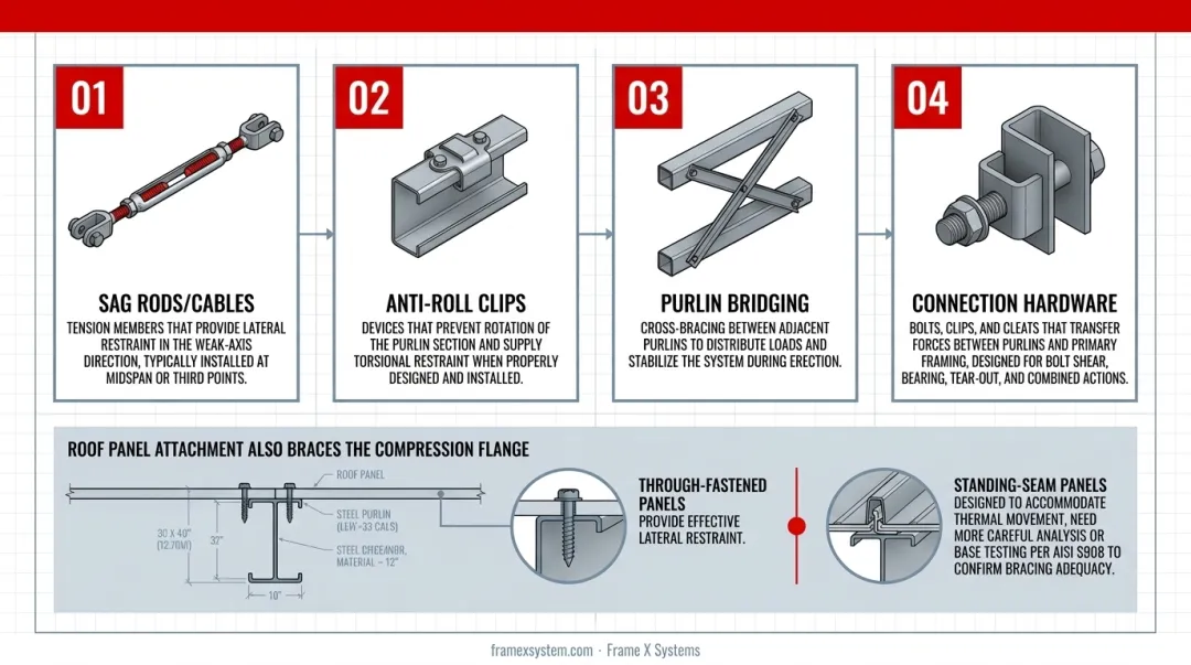 Cold-formed steel roof purlin system components and assembly diagram with labeled parts