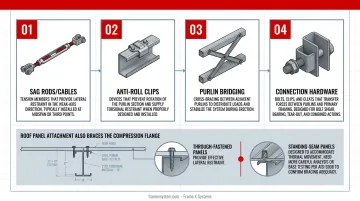 Cold-formed steel roof purlin system components and assembly diagram with labeled parts