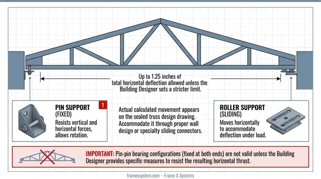 Pin-roller bearing configuration diagram showing horizontal deflection movement in scissor trusses