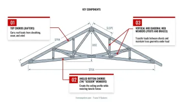Scissor truss anatomy diagram showing top chords bottom chords and web members with labeled components