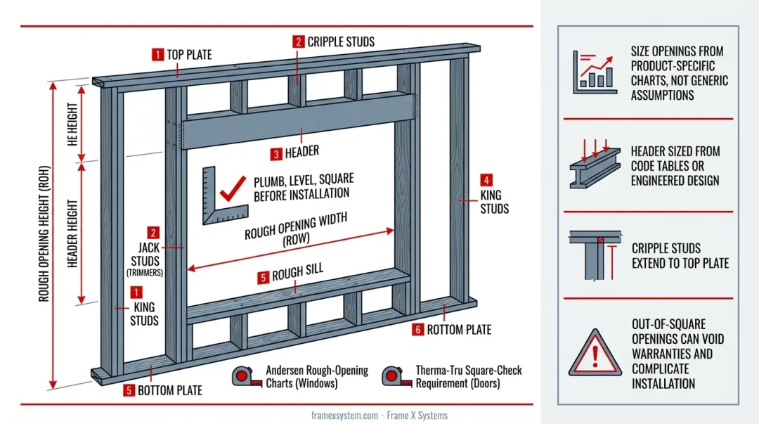 Rough opening assembly components for windows and doors with measurement and alignment requirements