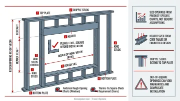 Rough opening assembly components for windows and doors with measurement and alignment requirements