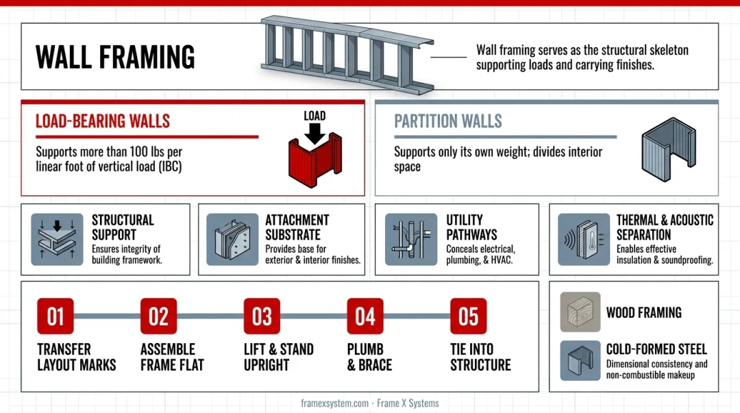 5-step wall framing construction sequence from layout to final connection