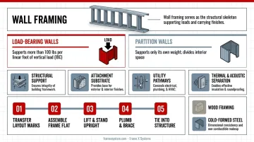 5-step wall framing construction sequence from layout to final connection