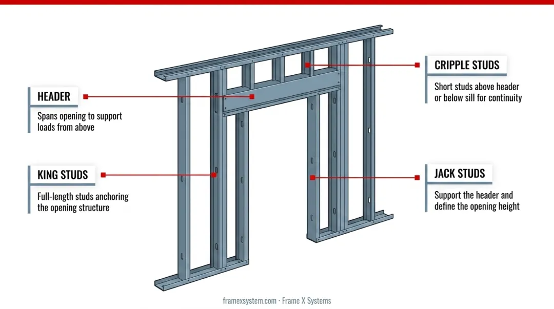 Door and window opening framing components labeled diagram showing header king stud jack stud and cripples