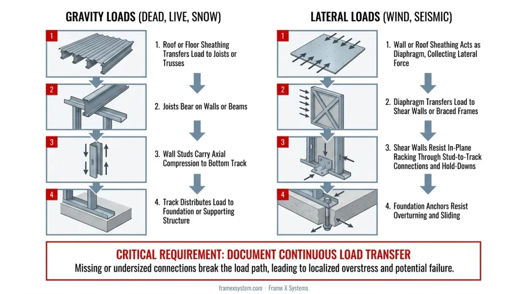 Complete structural load path diagram from roof to foundation for cold-formed steel framing