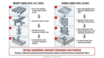 Complete structural load path diagram from roof to foundation for cold-formed steel framing