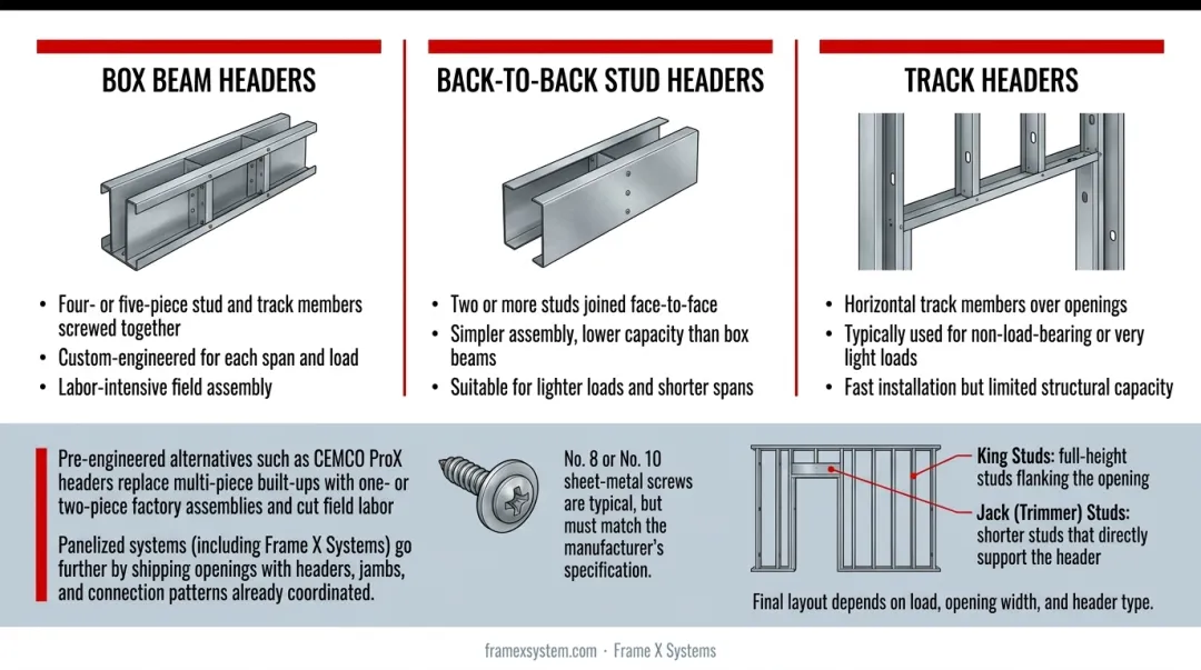 Three header types for door and window openings showing box beam back-to-back stud and track configurations