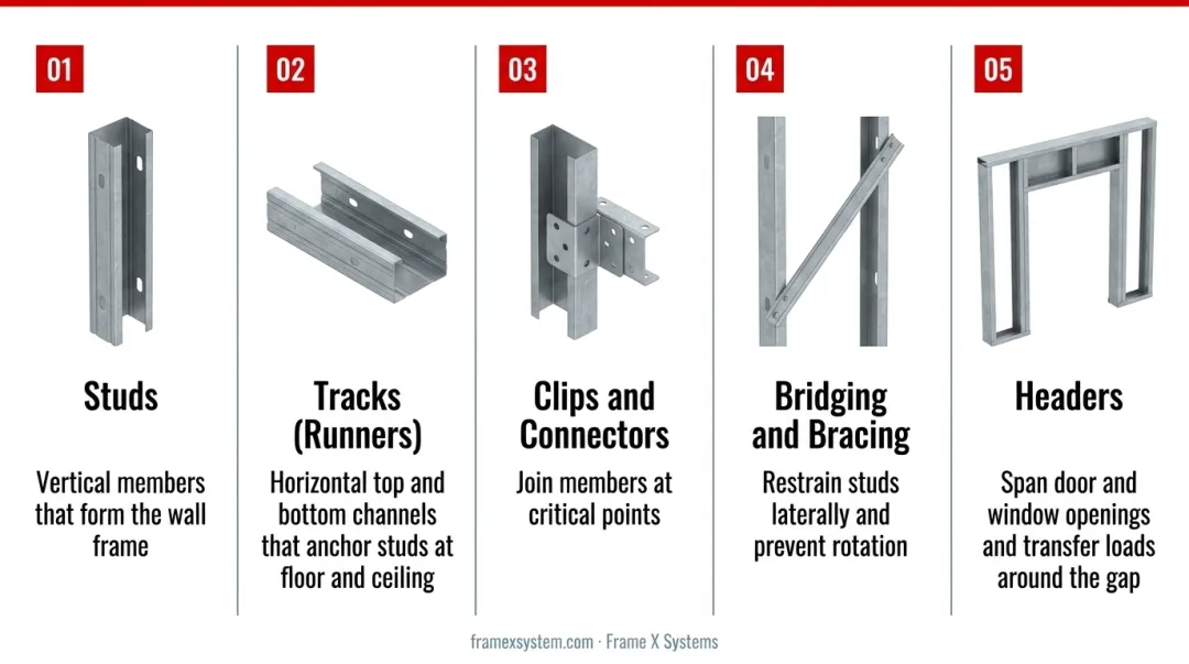 Metal stud framing system components breakdown showing studs tracks clips bridging and headers
