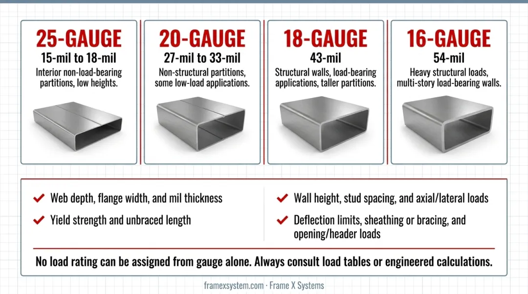 Metal stud gauge selection criteria flowchart from partition type to mil thickness specification