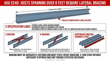 Three lateral bracing types for cold-formed steel framing showing X-bracing K-bracing and continuous straps