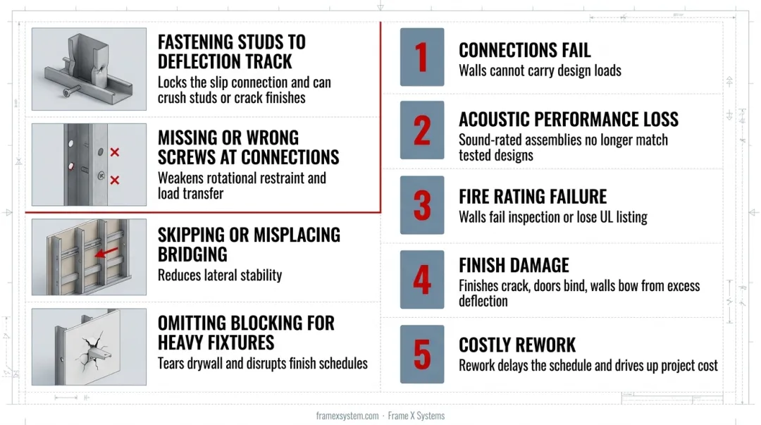 Common metal stud framing installation mistakes and their downstream consequences flowchart
