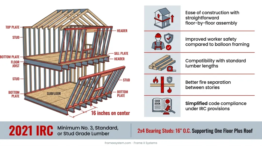 Platform framing construction process showing floor-by-floor assembly sequence in four stages