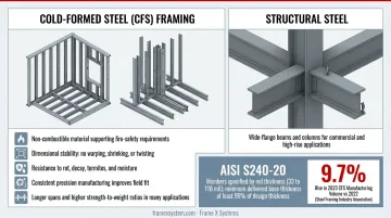 Modern cold-formed steel framing construction site showing CFS wall panels and structural assembly