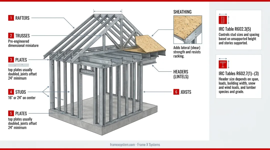 Key wall framing components labeled diagram showing studs plates headers and structural relationships