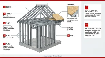 Key wall framing components labeled diagram showing studs plates headers and structural relationships