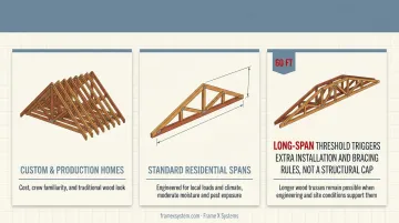 Residential home construction showing wood roof trusses installation with metal connector plates