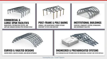 Commercial warehouse interior with steel roof trusses spanning open floor space