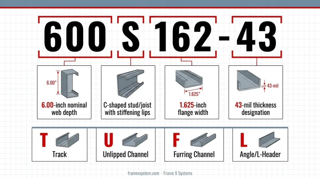 Cold-formed steel member designation breakdown showing 600S162-43 component meanings