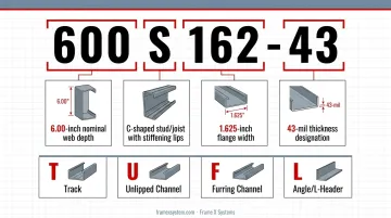 Cold-formed steel member designation breakdown showing 600S162-43 component meanings