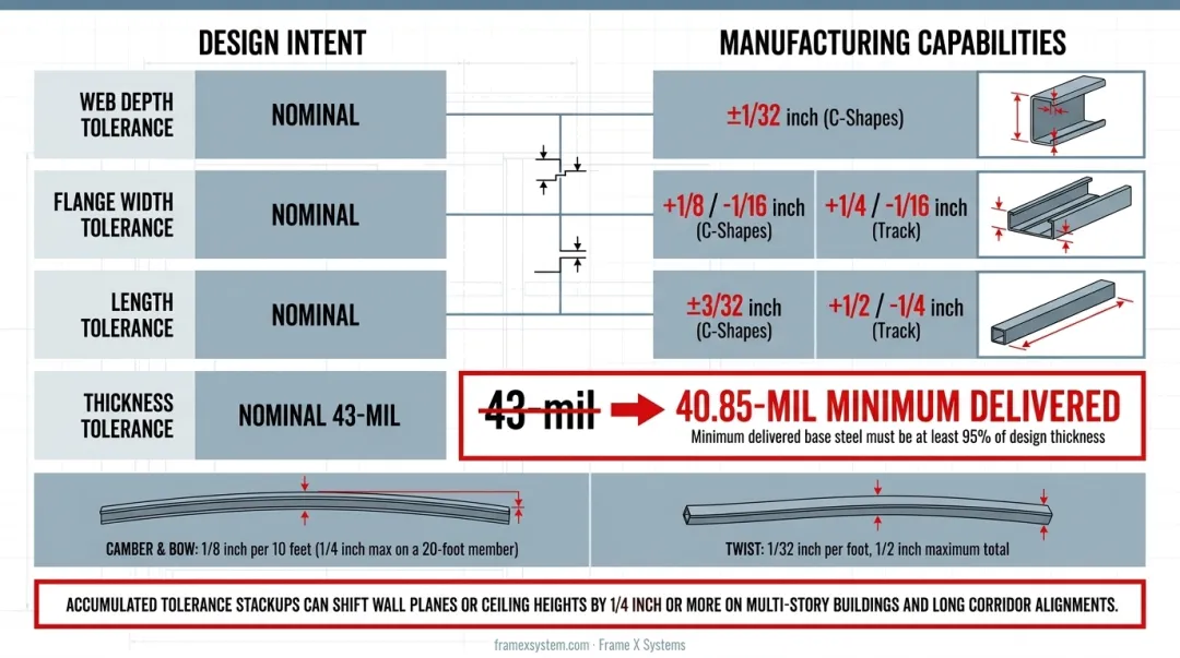 AISI S240 manufacturing tolerance ranges for CFS dimensional variations and limits