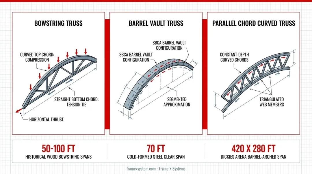Common curved truss types comparison showing bowstring barrel vault and parallel chord configurations