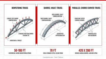 Common curved truss types comparison showing bowstring barrel vault and parallel chord configurations