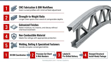 Cold-formed steel curved truss components with pre-drilled holes and position labels ready for installation