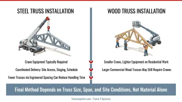 Construction crane lifting and installing steel truss on commercial building site