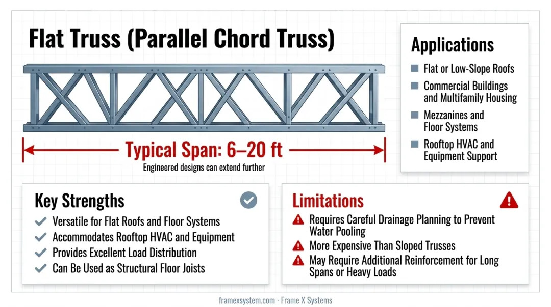 Commercial flat roof system with parallel chord trusses supporting HVAC equipment