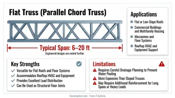 Commercial flat roof system with parallel chord trusses supporting HVAC equipment