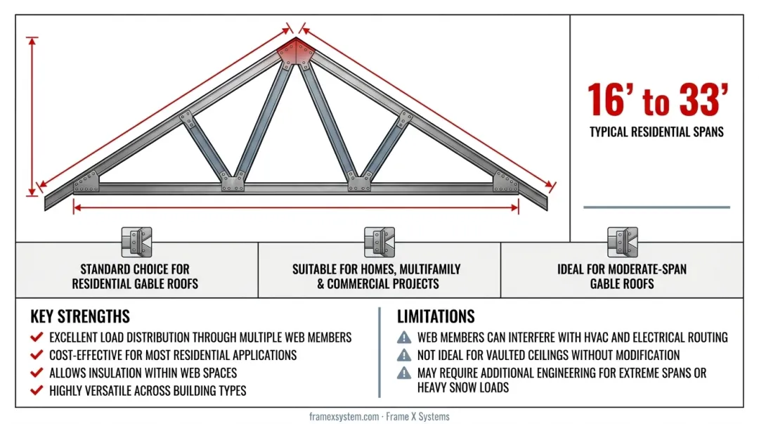 Common residential roof truss types comparison chart showing king post queen post and Fink designs
