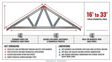 Common residential roof truss types comparison chart showing king post queen post and Fink designs