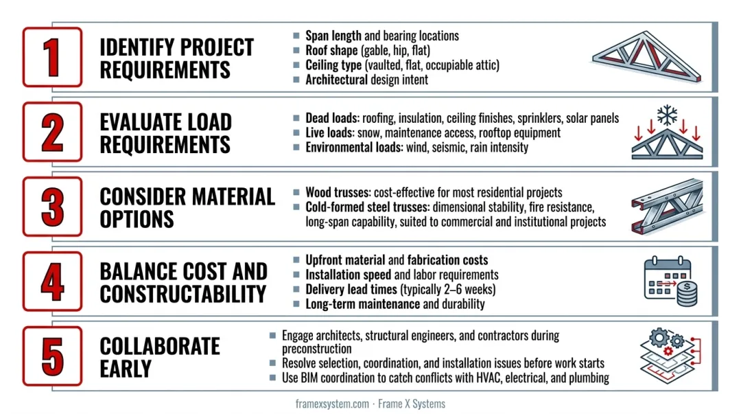 5-step roof truss selection process from requirements to collaboration