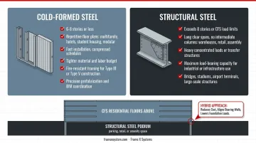 Hybrid framing system showing structural steel podium with cold-formed steel upper floors