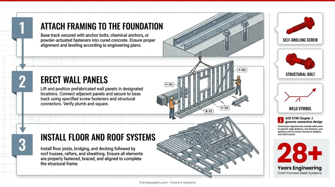 Construction crew installing prefabricated light steel frame wall panels on jobsite