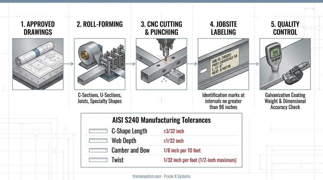 LSF manufacturing process flow from steel coils to labeled jobsite-ready components